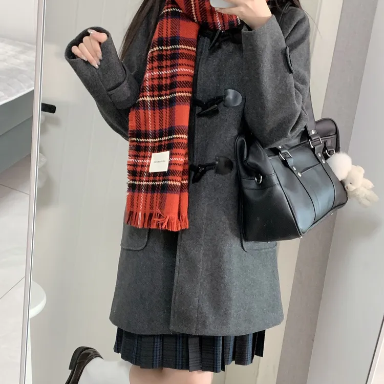 【杏奈优品】原创JK连帽秋冬女学院风中长款毛呢外套灰色牛角扣大衣