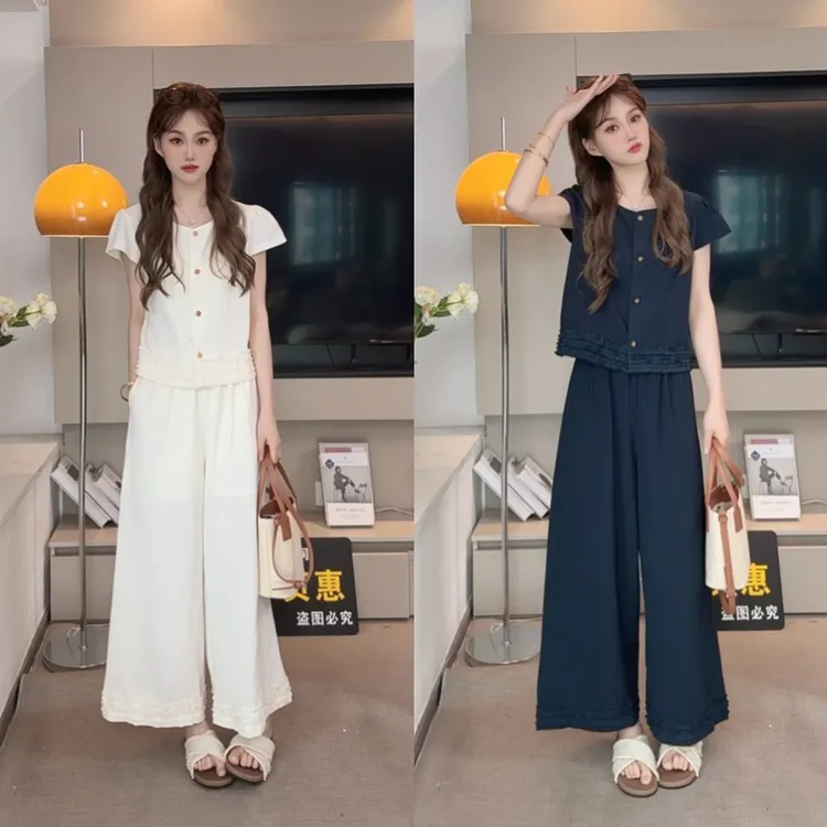 【悸动时刻】设计感花边短袖小衫+松紧腰阔腿直筒裤老钱风套装女