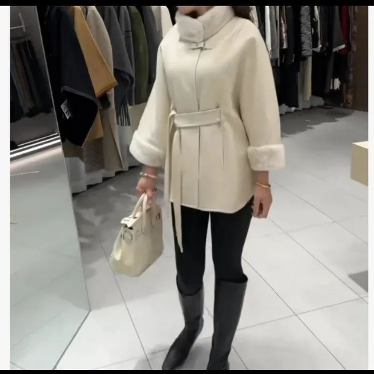 秋冬中长款简约立领带腰带时尚百搭大衣纯色系带