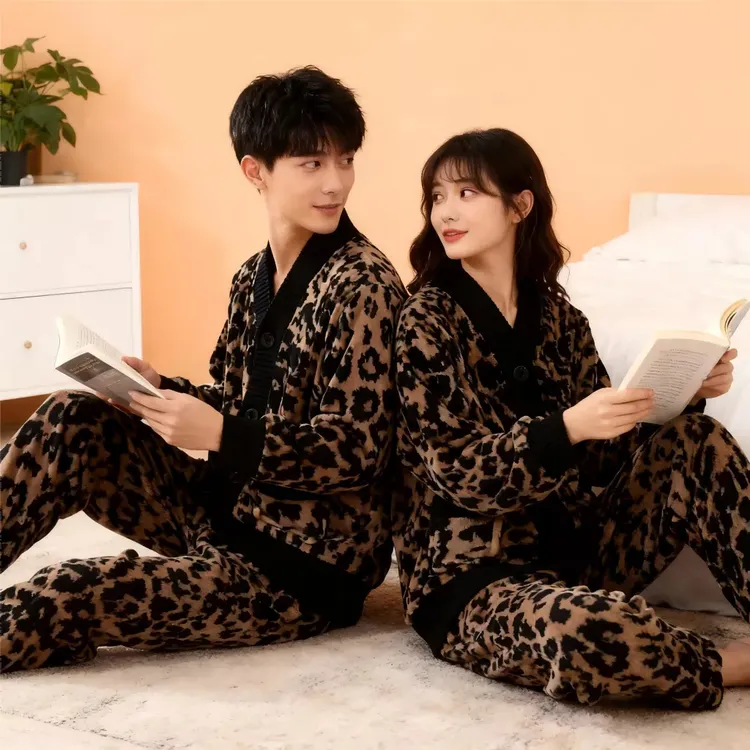 2025情侣半边绒豹纹新款睡衣女秋冬家居服加绒加厚保暖套装可外穿