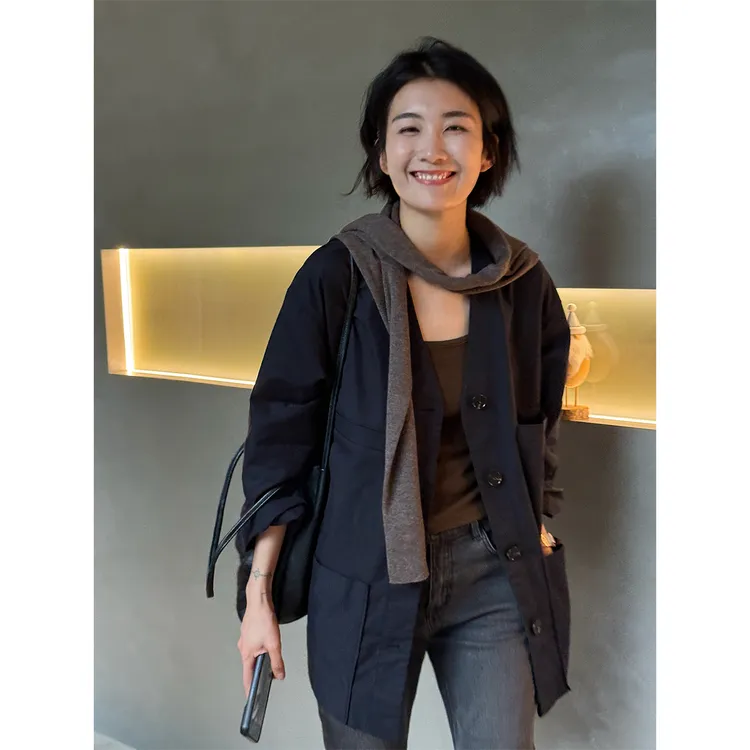 LANGQING 简约多口袋宽松中长款风衣外套46324#