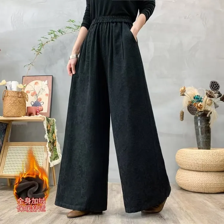 冬季国风新款棉麻提花长裤 简约遮肉高腰宽松阔腿裤女士休闲裤