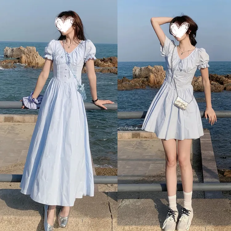 FRVXO【见习爱恋】韩系高智感法式气质收腰V领蝴蝶结蓝色连衣裙