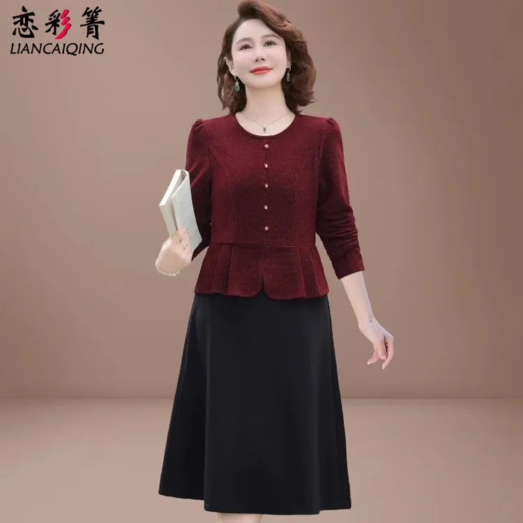 十月份喜婆婆礼服平时可穿妈妈春装婚宴假两件裙子中老年连衣裙女