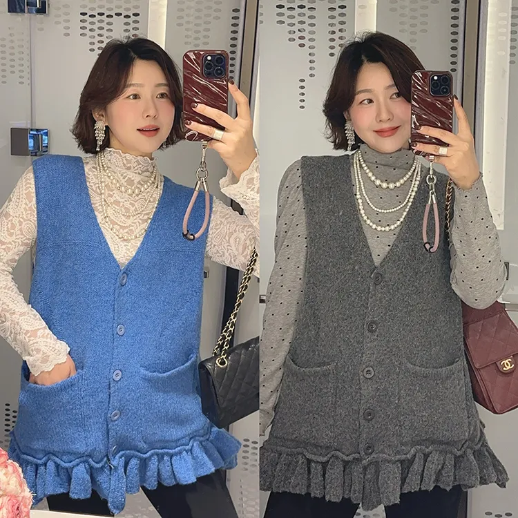 【DIS 定制】【灰蓝情书】韩系叠穿花边慵懒针织马甲Z525X21749