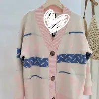 设计感小众撞色提花菱格毛衣开衫外搭女秋新款宽松显瘦针织衫M157