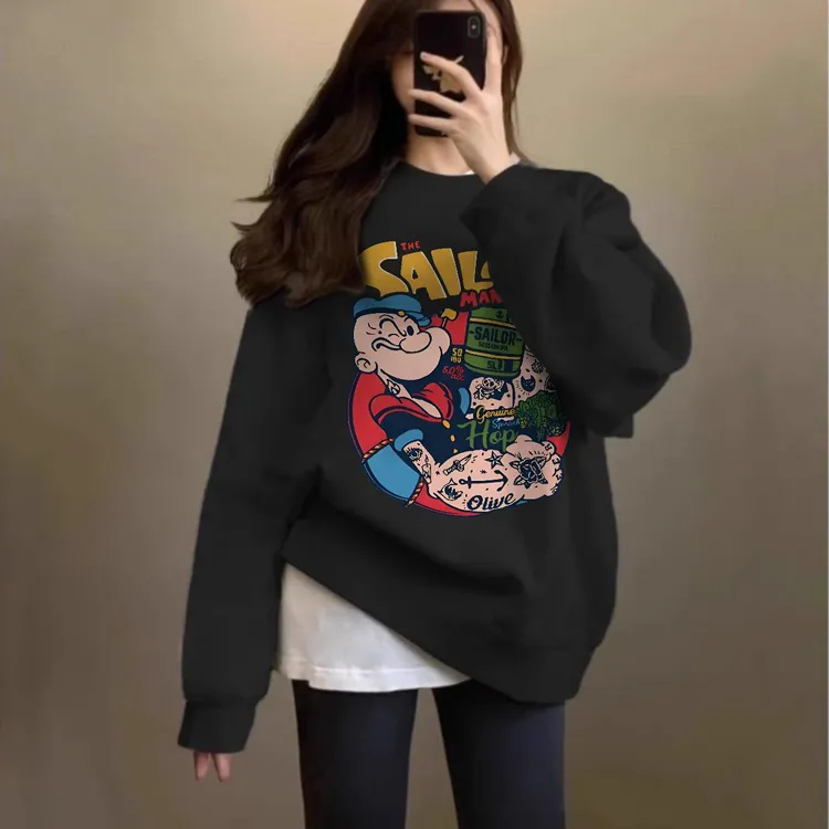 卡通字母印花黑色卫衣女秋冬新款慵懒风宽松长袖百搭加绒上衣