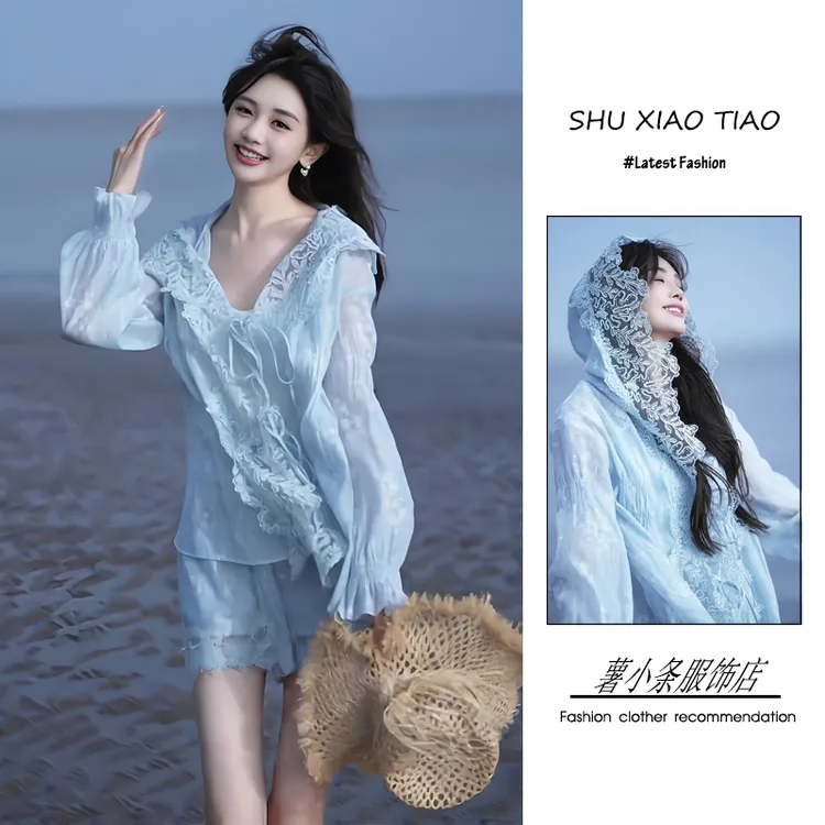 夏季2025新款一整套女装韩系穿搭氛围感显瘦蕾丝连帽衬衣短裤套装