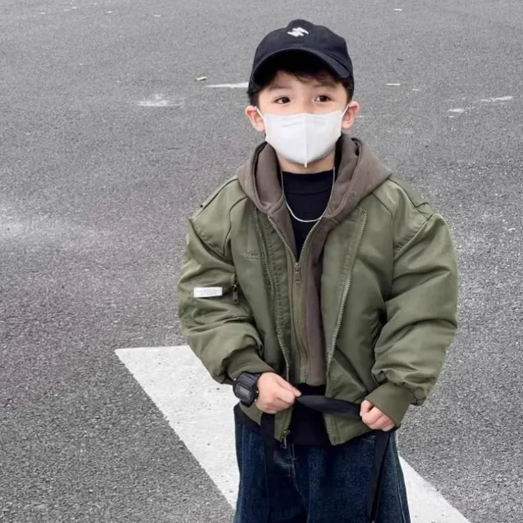 男童冬季加厚外套2025冬款洋气连帽棉服加棉棒球服宝宝假男童外套