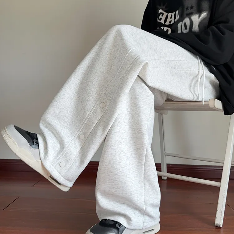 灰色重磅排扣卫裤男秋季美式高街直筒休闲裤潮牌百搭运动裤子男款