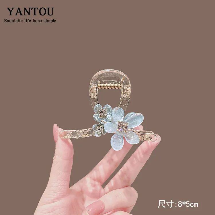 简约轻奢时尚蓝色花朵后脑勺半扎发鲨鱼夹子精致优雅发夹发抓头饰