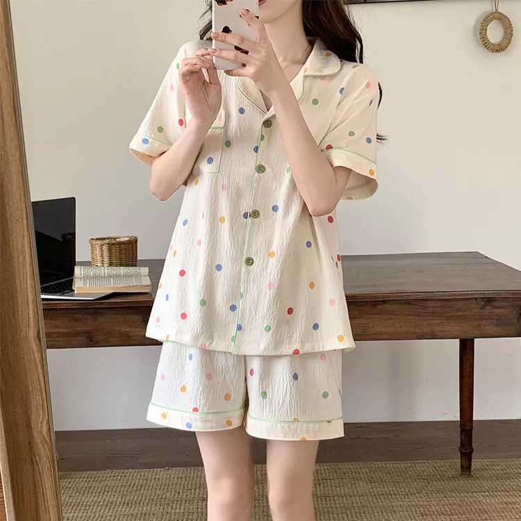 日系彩色圆点睡衣女夏季短袖薄款简约甜美学生2025新款家居服套装