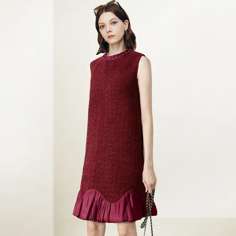 小香风复古气质连衣裙2025年冬季新款设计感拼接无袖背心裙