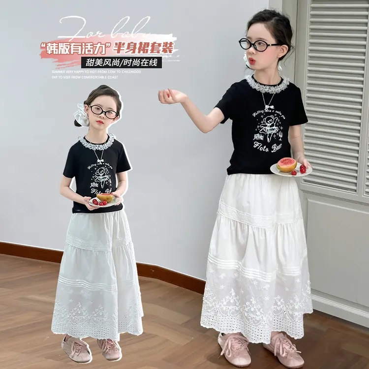 套装韩版夏季印花女童中大童洋气短裙蕾丝半身裙女孩裙子活力儿童
