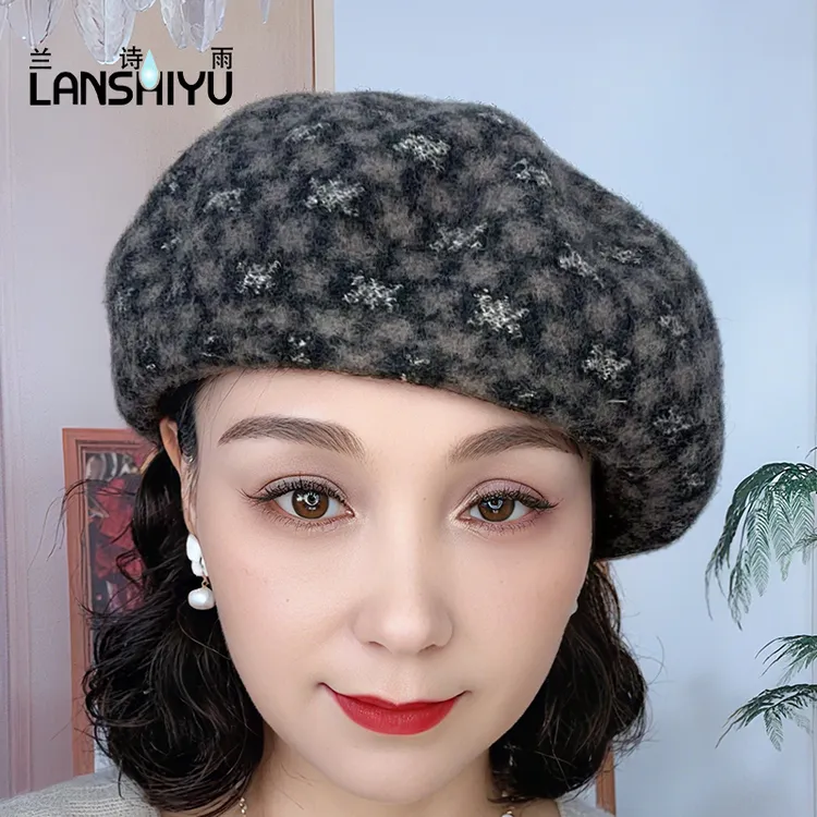 秋冬新款贝雷帽百搭文艺格纹贝雷帽女士千鸟格复古贝雷帽脸小
