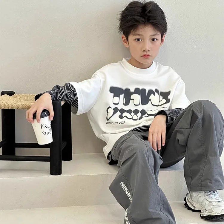 男童T恤长袖2025春装新款自制儿童假两件上衣纯棉内搭中大童体恤