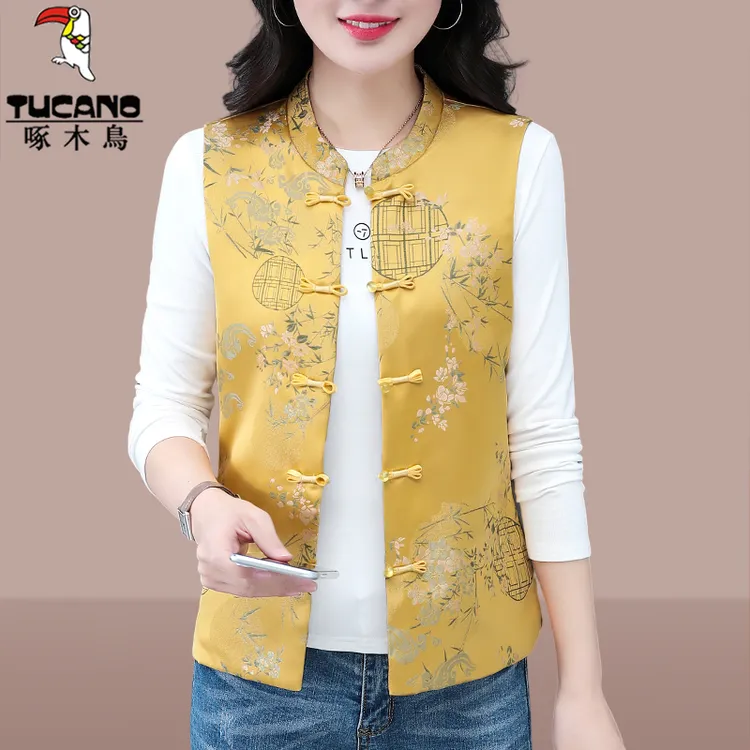啄木鸟国风新中式中老年马甲女2025新款春秋无袖外套妈妈坎肩马夹