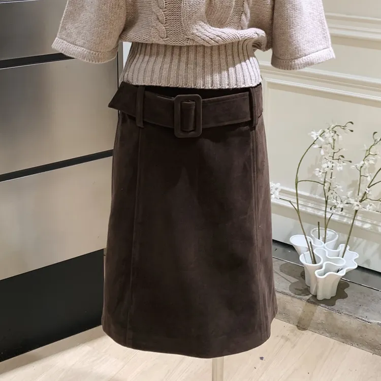 by onion 摩登时代复古高腰麂皮绒半身裙女秋宽松显瘦中款直筒裙