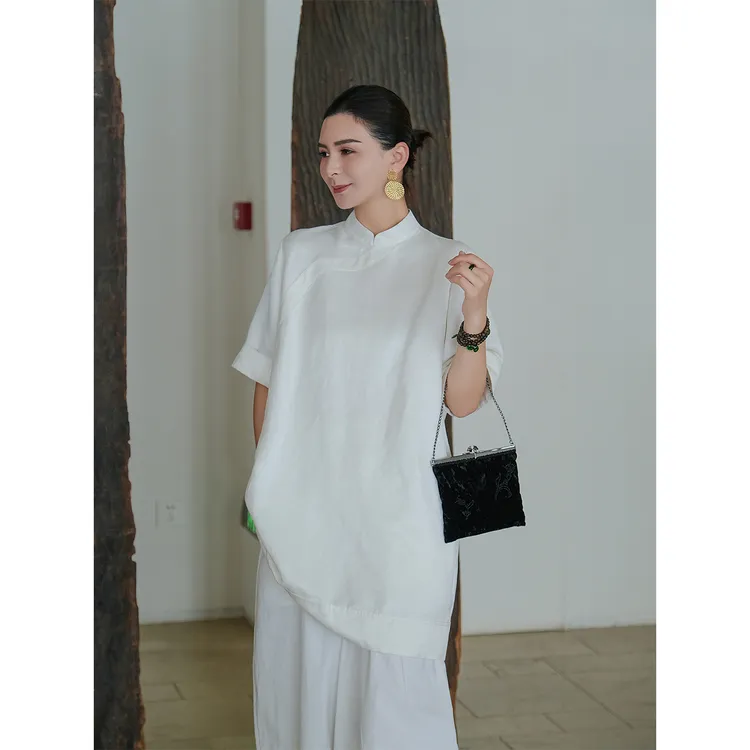 麻霖6A桑蚕丝汉麻棉卷边短袖款改良时髦款新中式中长款拉链上衣