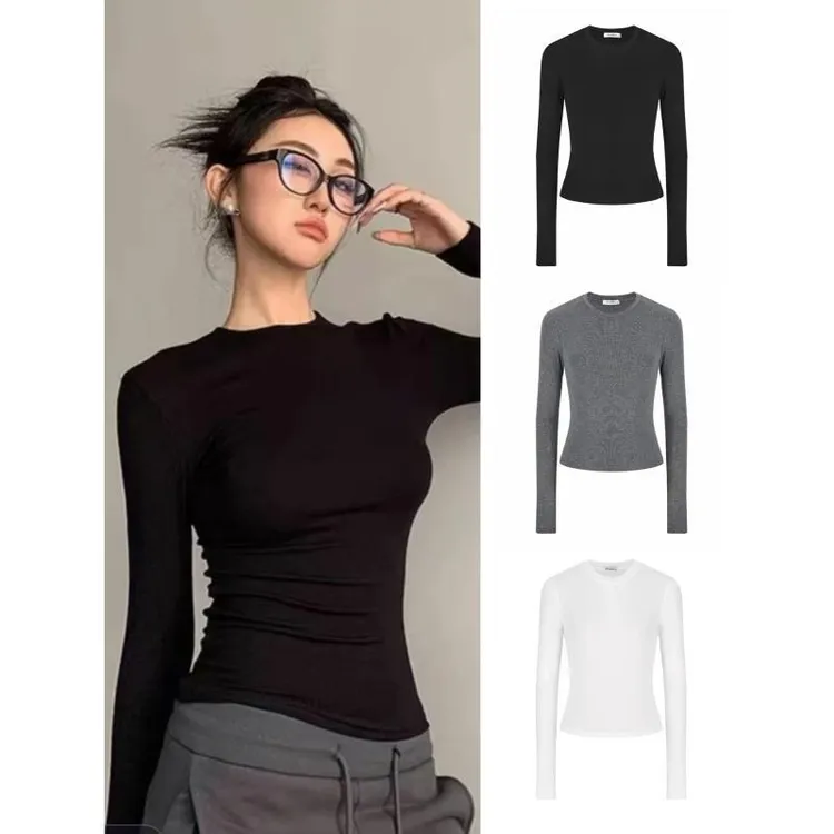 【千金氛围感】早秋修身遮肉显瘦正肩长袖T恤女小众内搭打底上衣