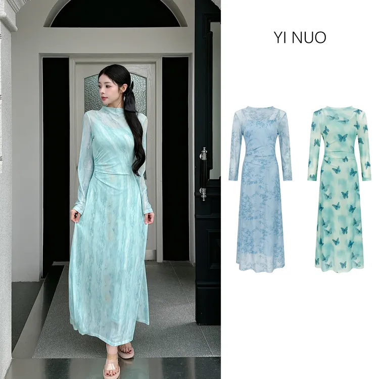 新款气质百搭半高领小众轻奢气质高级设计印花网纱连衣裙AW007