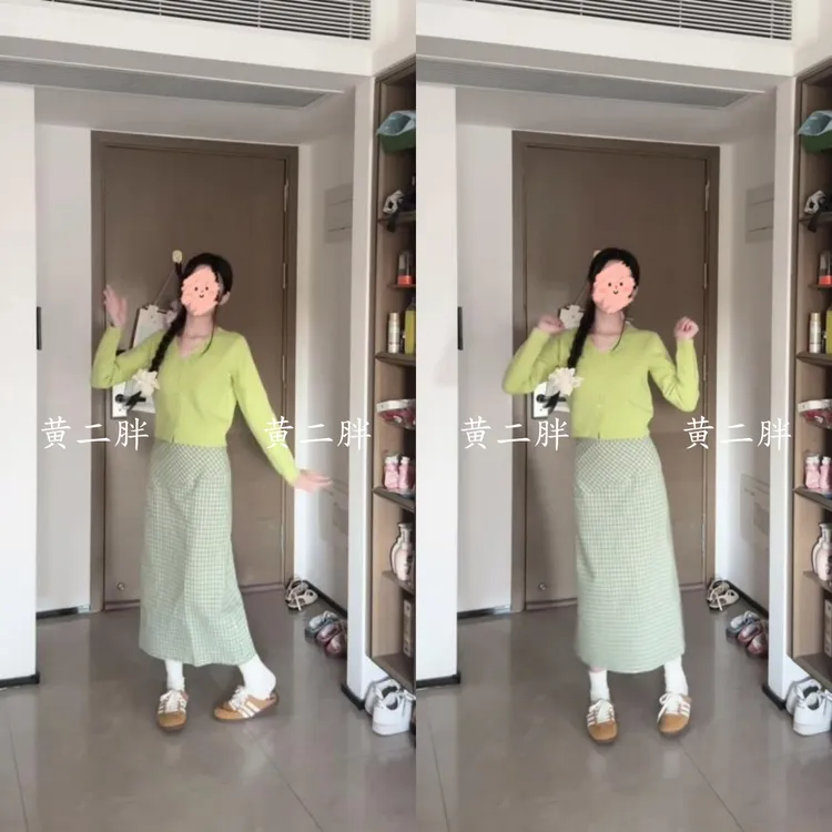 韩版立体花朵针织开衫女秋冬新款温柔风v领毛衣上衣+格纹半身裙子