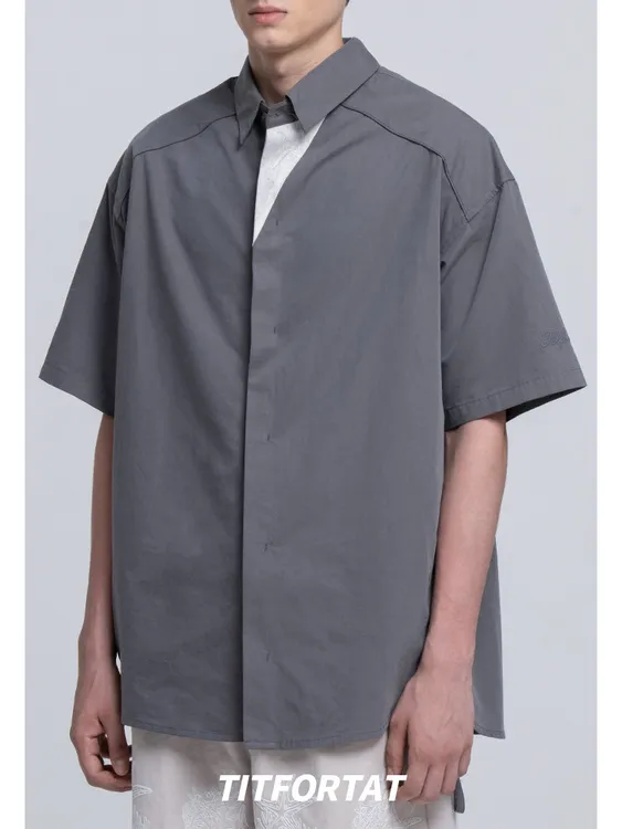 特价清货！翻领短袖衬衫夏季纽扣可拆卸拼接衬衣半袖日系宽松男