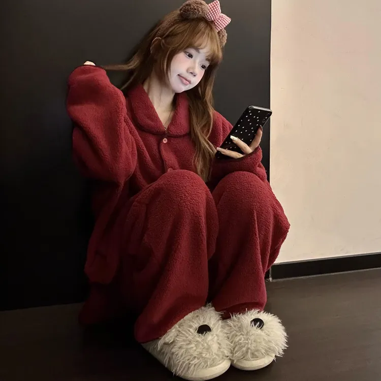 红色圣诞氛围感针织半边绒睡衣女冬季加绒加厚保暖家居服套装外穿