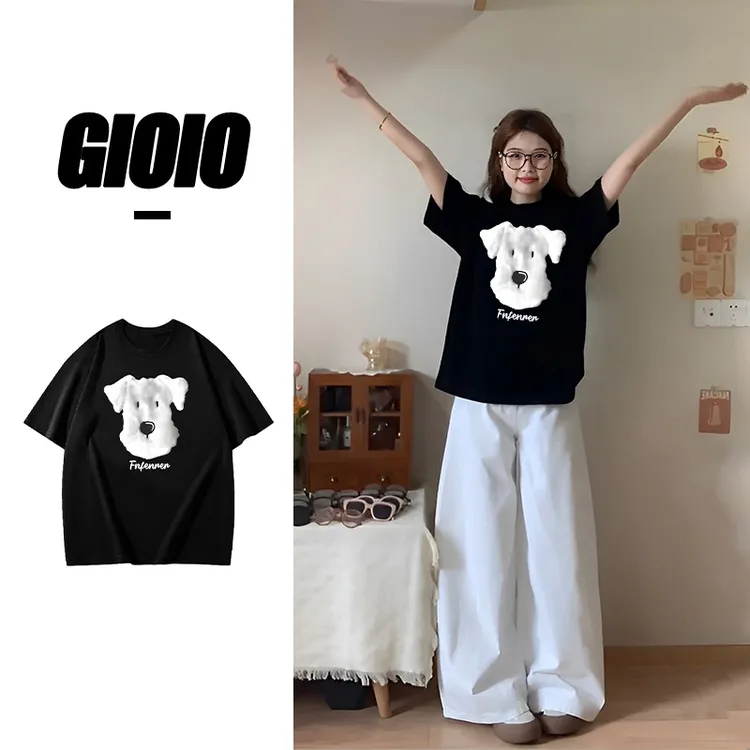 GIOIO夏季新款可爱卡通印花纯棉短袖t恤女设计感百搭显瘦圆领上衣