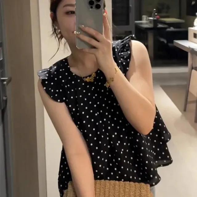 荷叶边波点衬衫女2025夏新款法式独特别致设计感小飞袖娃娃衫上衣