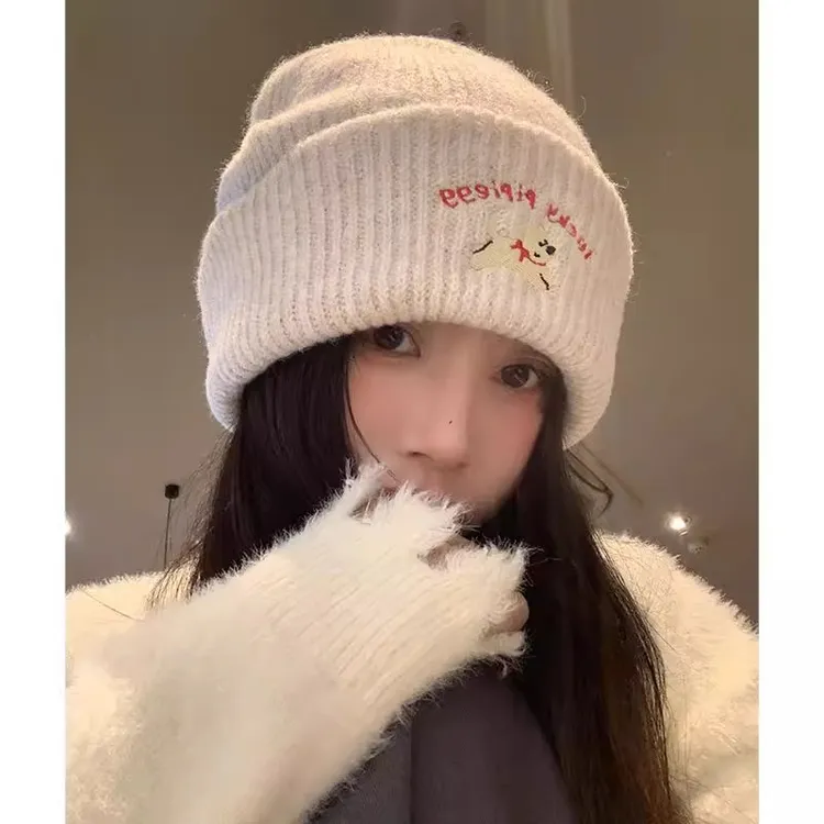 韩系可爱小狗针织毛线帽女加厚保暖秋冬新款显脸小包头帽冷帽冬季