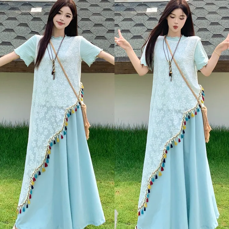 大码套装叠穿胖mm流苏复古镂空罩衫短袖半身裙休闲洋气重工三件套