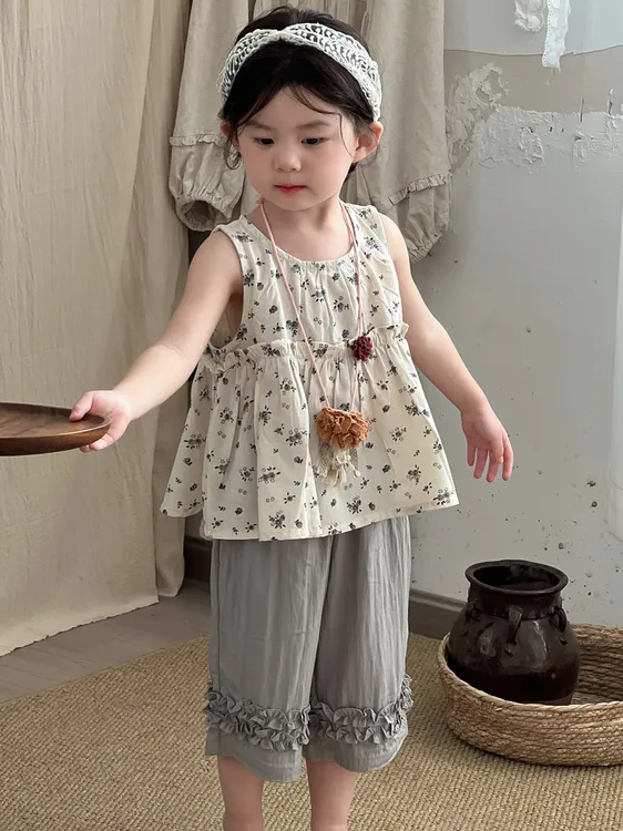 夏季新款韩版童裤女宝宝木耳边防蚊裤女童洋气七分裤宽松裤薄款