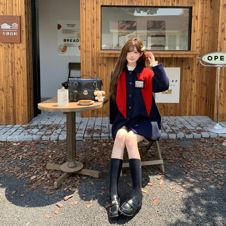 东京岁时记jk秋冬新款红色围巾帽子学院风日系绀色大衣外套中长款