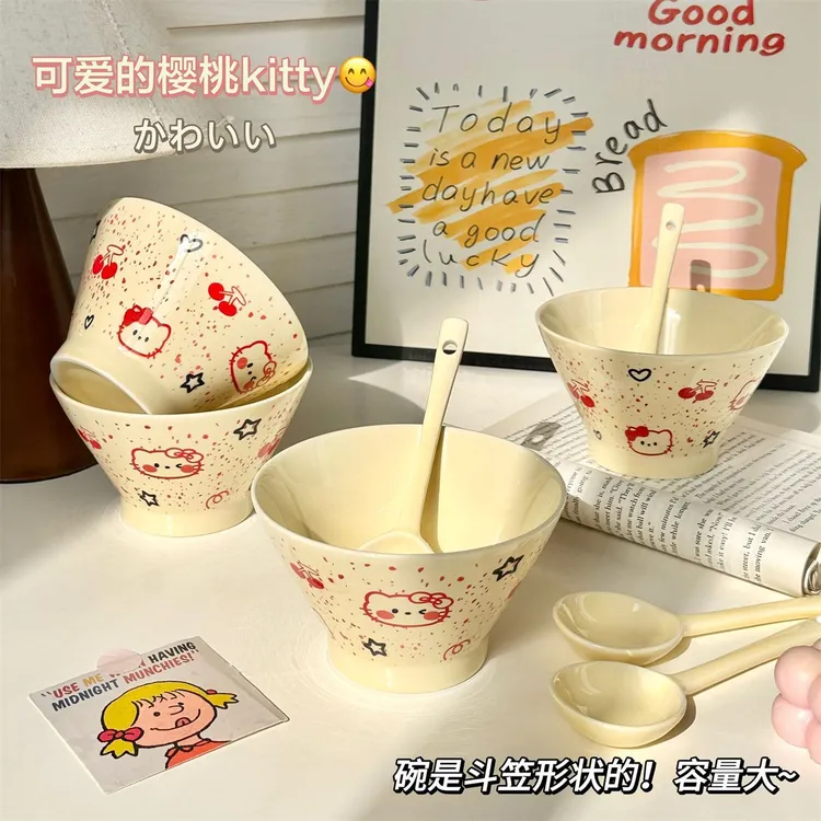 樱桃腮红猫ins高颜值少女饭碗甜品碗釉下彩陶瓷餐具可爱家用yj