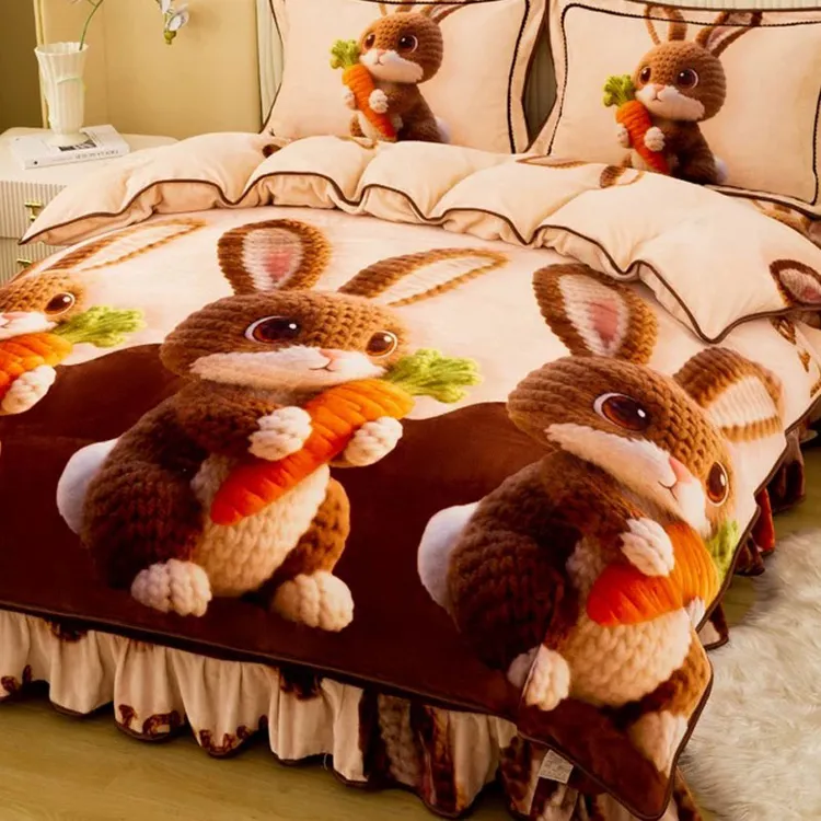 加绒牛奶绒四件套2025新款冬季双面加厚宝宝珊瑚绒被套床单萝卜兔