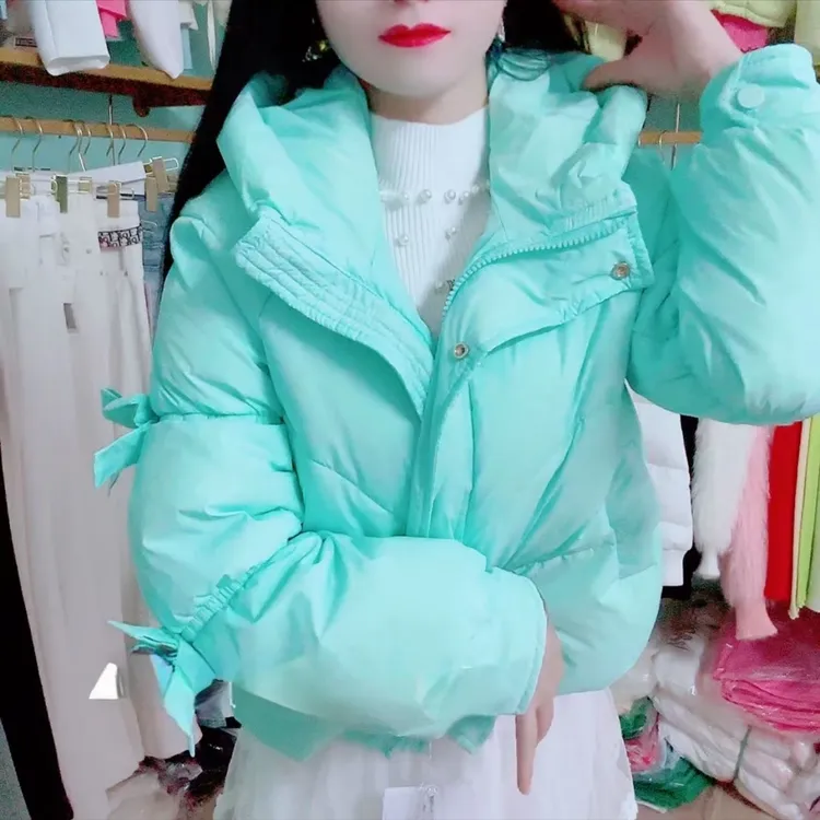 短款羽绒棉服女2025冬新款女宽松甜美灯笼袖蝴蝶结连帽加厚外套