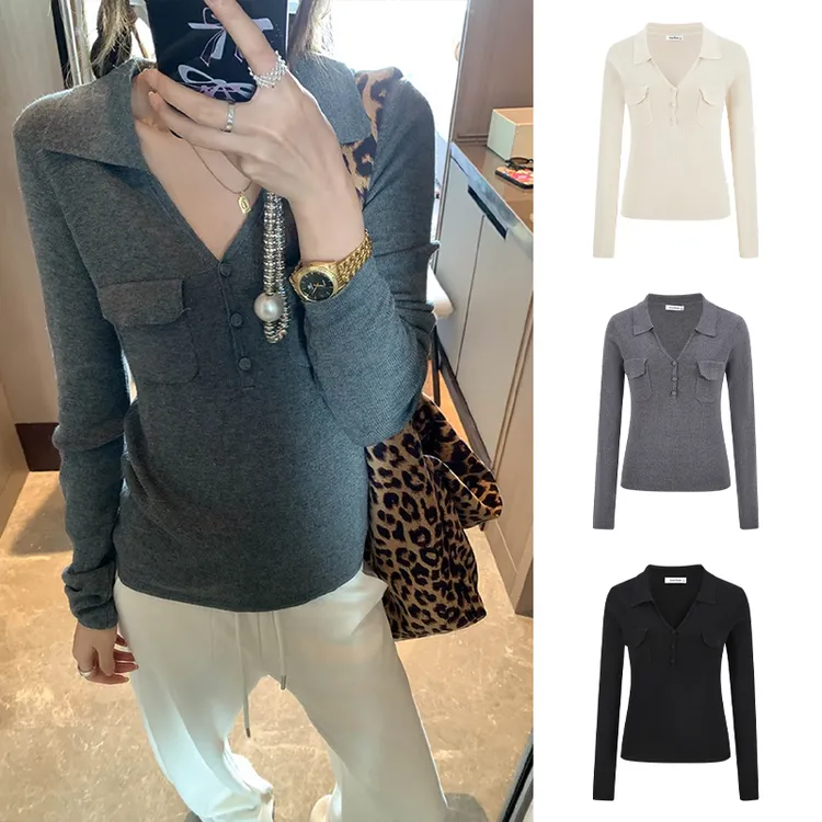 Moses Queen/魔西女王拼接V领无袖设计感针织衫翻领通勤气质上衣