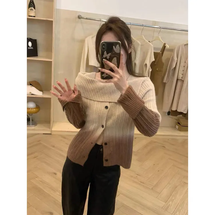 韩版渐变色小众针织毛衣2025秋冬女新款慵懒风一字肩开衫上衣外套