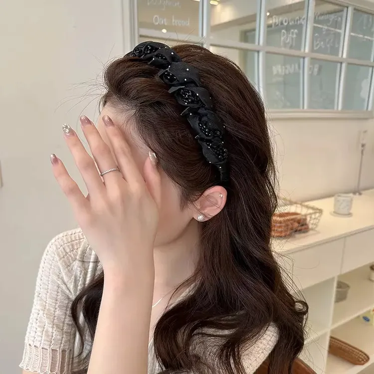 高级感轻纱串珠缠绕高颅顶发箍波浪长齿压发洗脸头箍时尚日常发饰