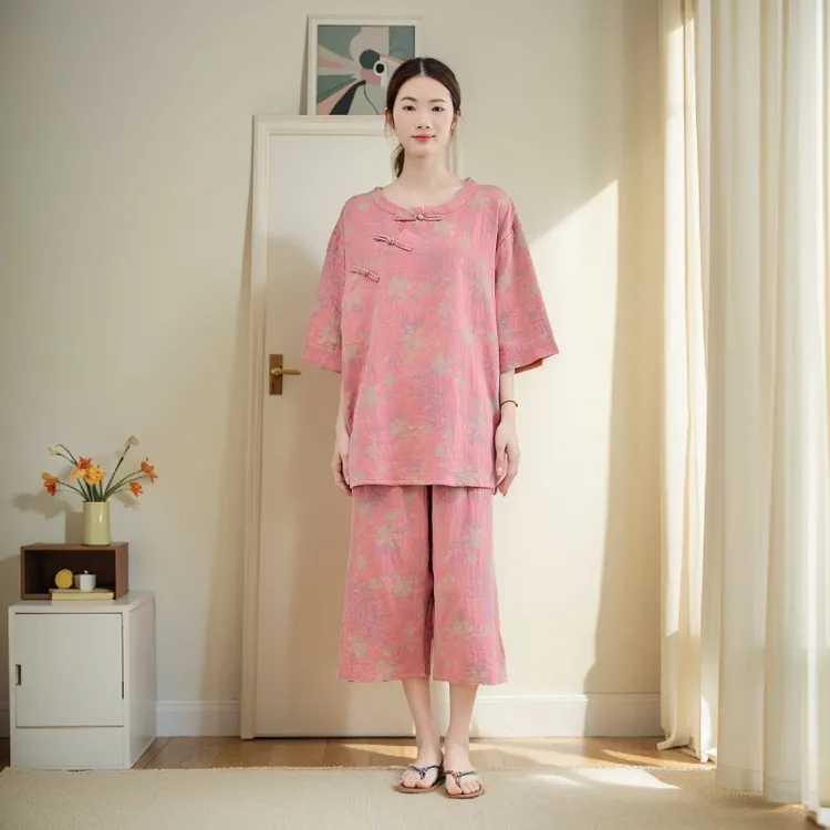 短袖七分裤新中式纯棉纱布睡衣夏季国风大码胖mm宽松200斤家居服
