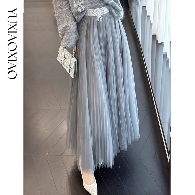 余潇潇【时空意境】腰头蝴蝶结钻饰点缀3层网纱压褶灵动飘逸长半裙