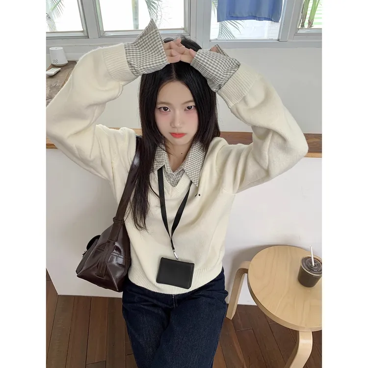 学院风格纹假两件毛织女圆领刺绣针织休闲慵懒感外套上衣