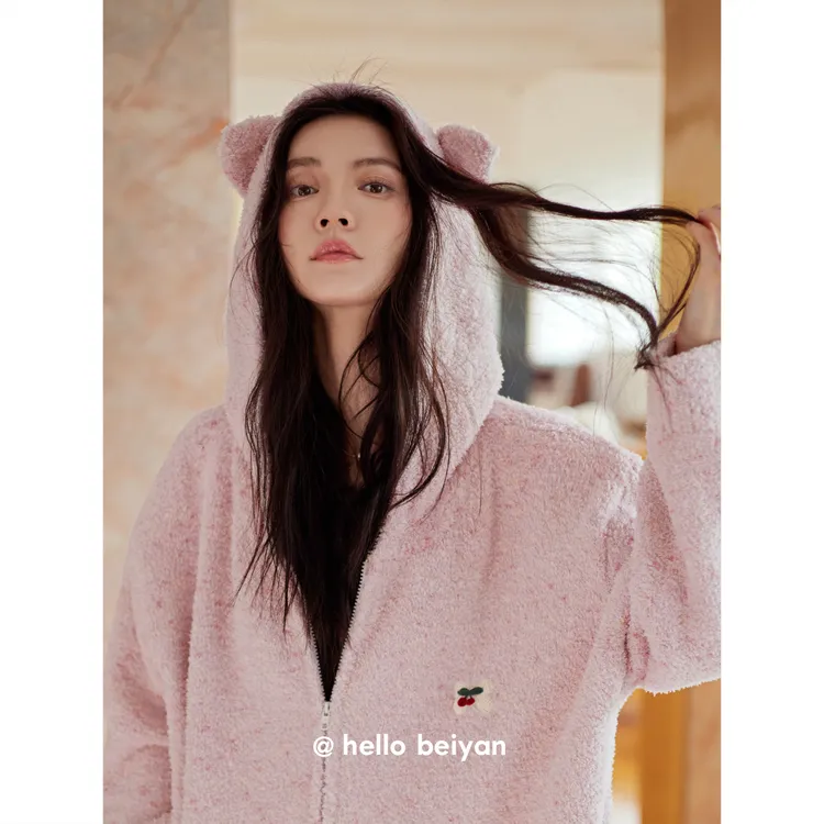 贝妍新款珊瑚绒睡衣女冬季保暖半边绒大码套装甜美少女连帽家居服