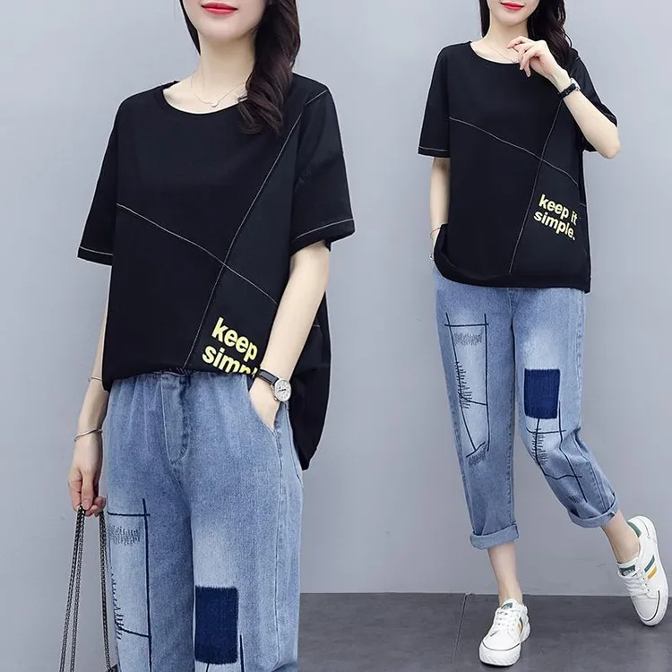 小个子时尚套装女2025春夏新款短袖t恤宽松休闲牛仔裤洋气两件套
