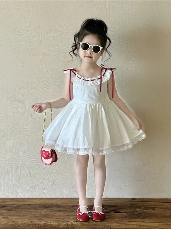 女童法式荷叶边无袖吊带连衣裙2025夏季新款小女孩蕾丝背心裙子