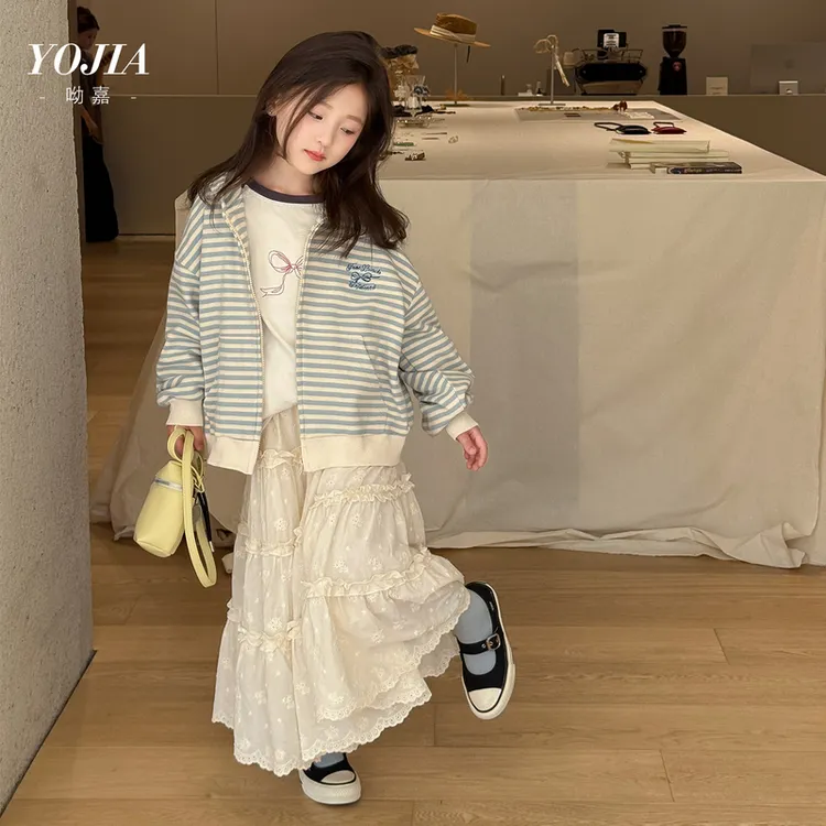 YOJIA女童卫衣开衫外套秋装2025新款洋气儿童小女孩条纹连帽上衣