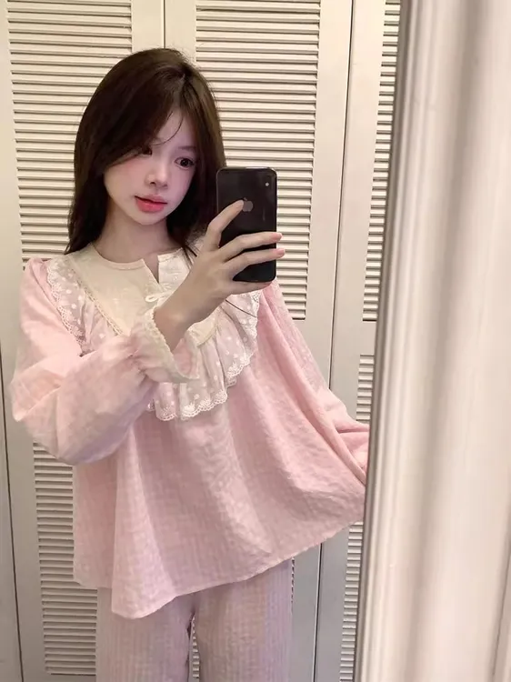 睡衣女春秋韩版甜美宫廷风蕾丝格子长袖家居服套装学生可外穿