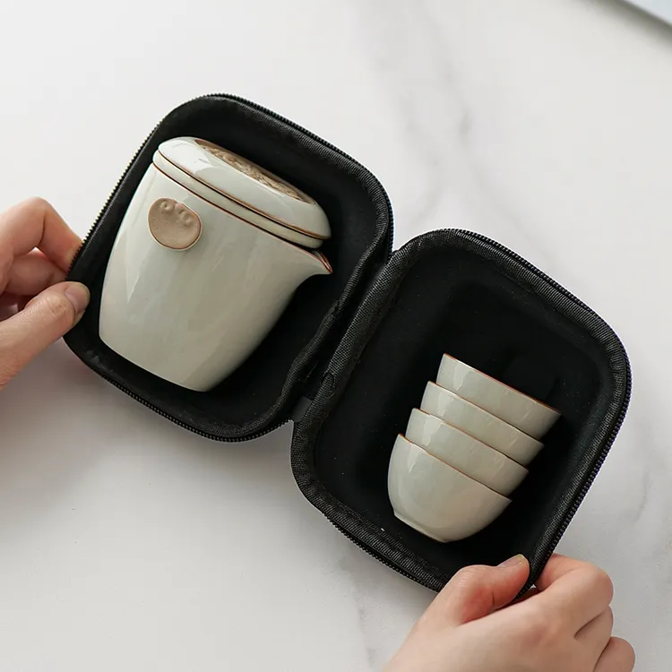 高档汝窑旅行茶具套装一人饮户外茶壶茶杯便携式功夫泡茶具快客杯