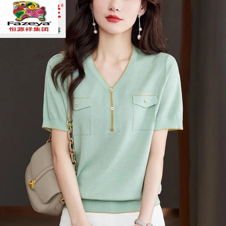 恒源祥集团桑蚕丝短款t恤女夏季新款小香风v领短袖冰丝针织衫真丝